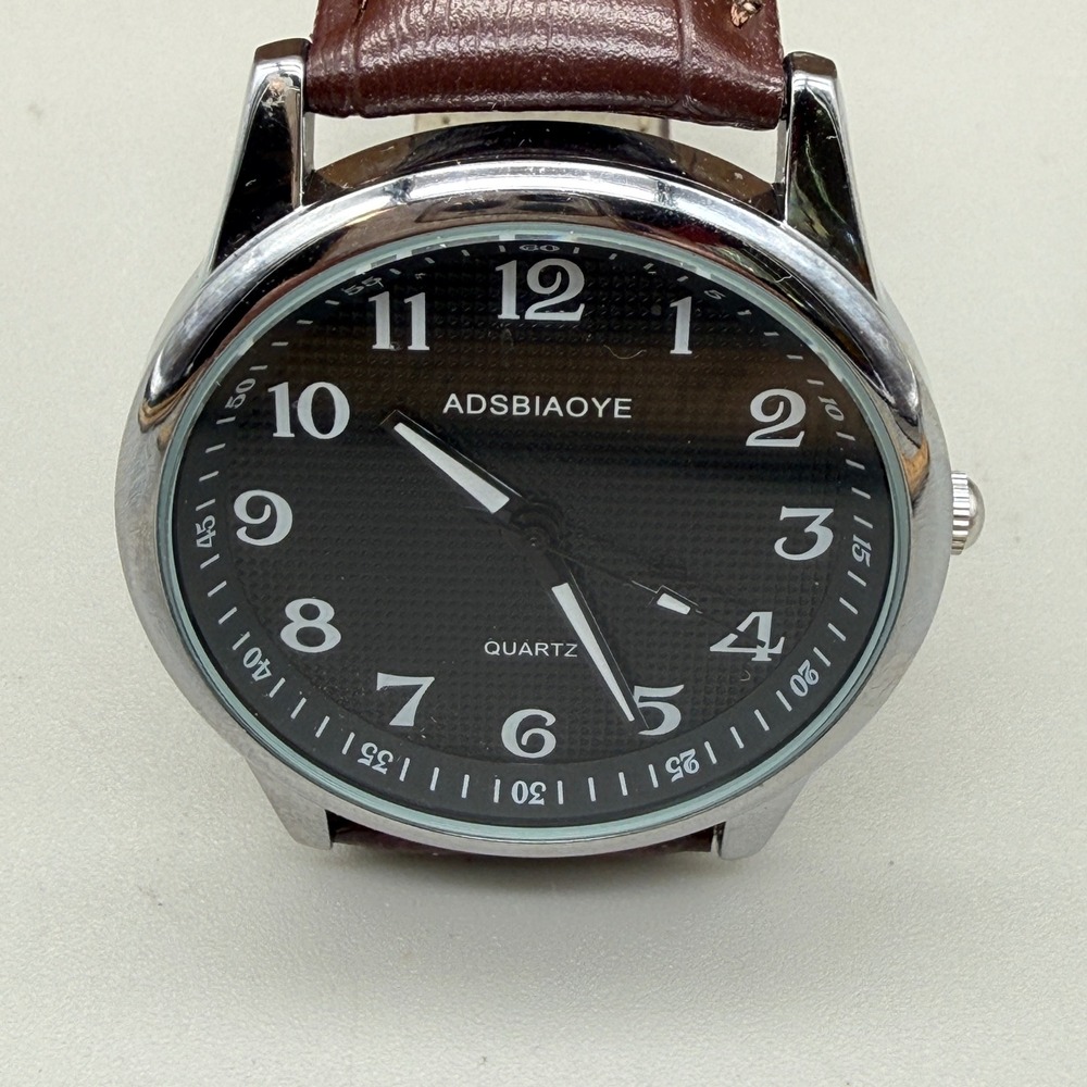 ADSBIAOYE Quartz Watch Black Dial Brown Leather Strap Stainless Steel 3ATM 1976